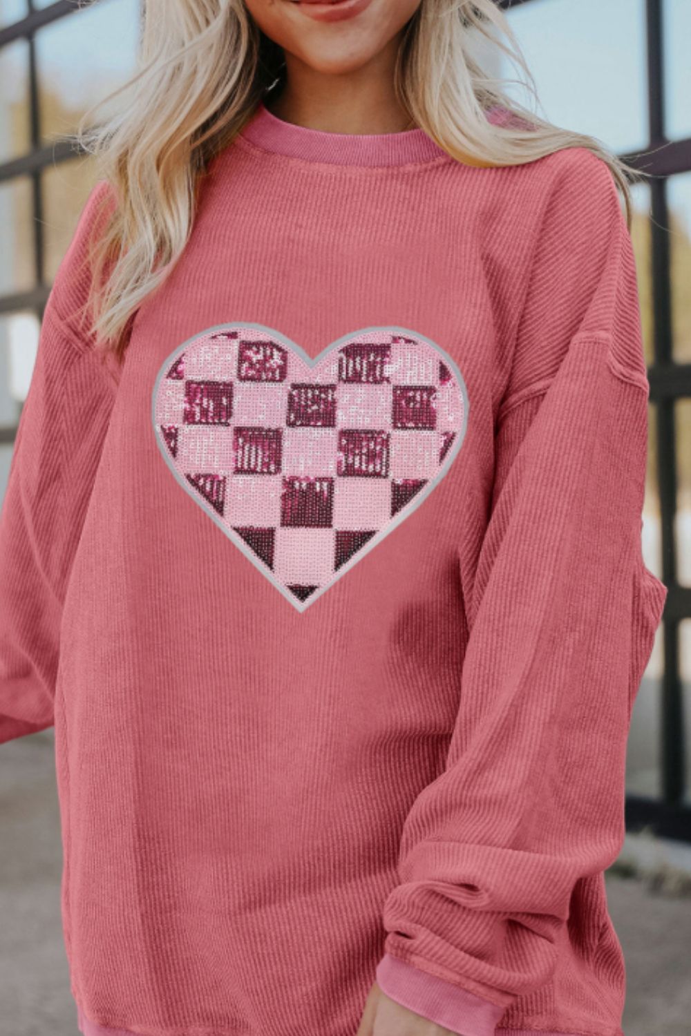 Valentine’s Day Strawberry Red Sequin Checkered Heart Long Sleeve Sweatshirt