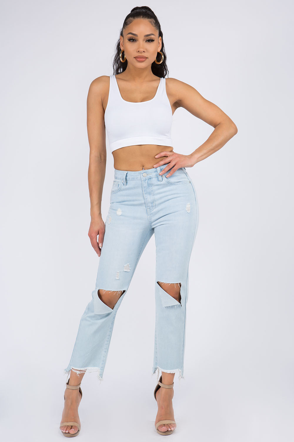 American Bazi High Waist Distressed Raw Hem Jeans *