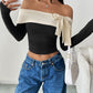 Perfee Bow Contrast Off-Shoulder Long Sleeve Top