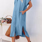 Full Size Slit Button Up Short Sleeve Imitation Denim Dress