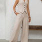 V-Neck Button Down Vest and Wide Leg Pants Set