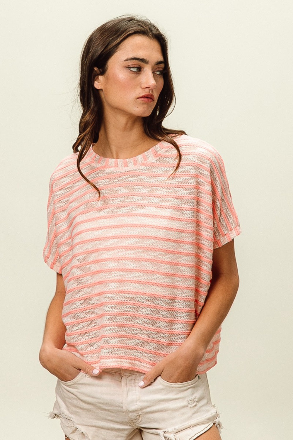 BiBi Braid Striped Short Sleeve Round Neck T-Shirt *