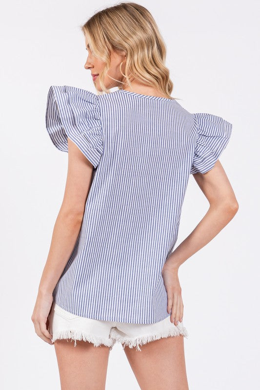 Ces Femme Striped V-Neck Ruffled Cap Sleeve Blouse *
