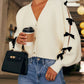 Bow V-Neck Cutout Sleeve Cardigan