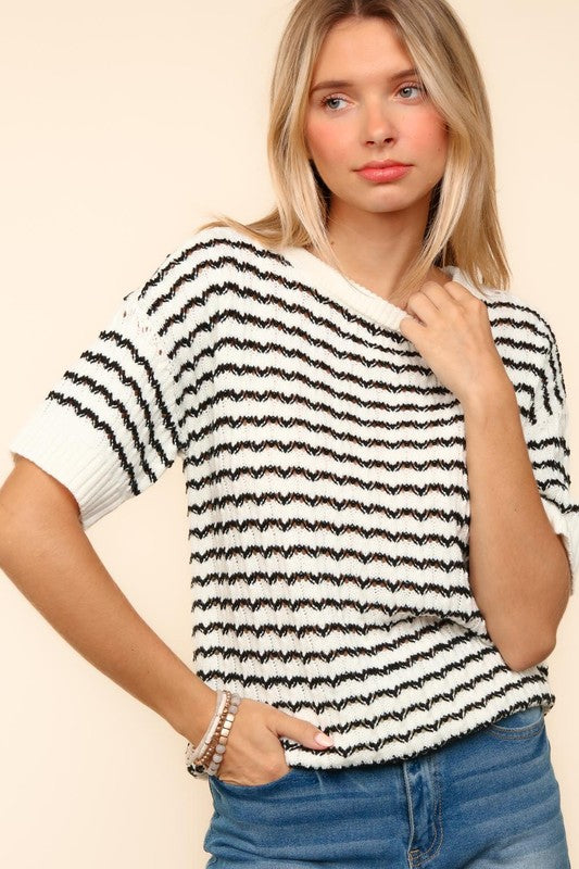 Haptics Openwork Striped Round Neck Half Sleeve Knit Top