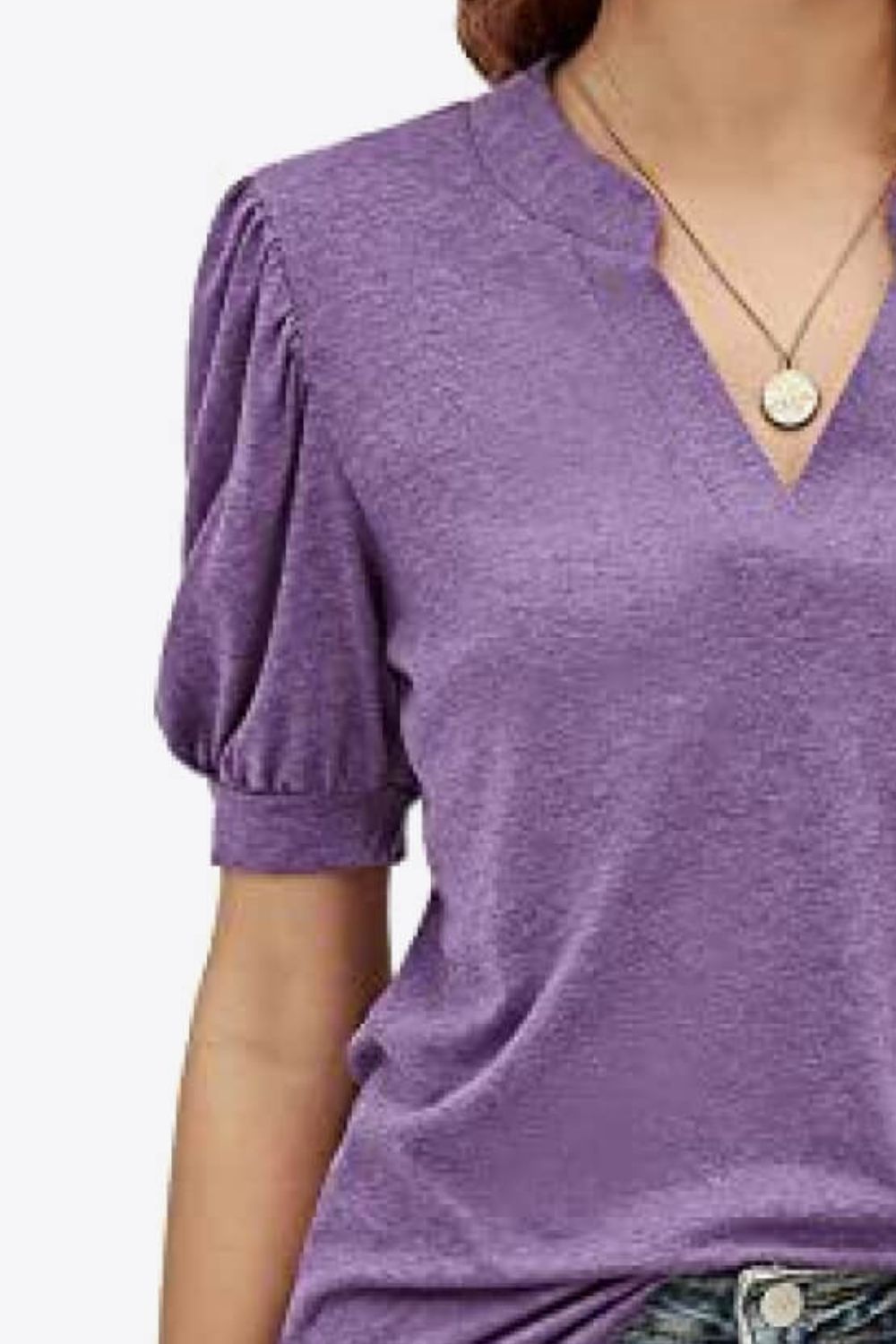 Notched Neck Puff Sleeve Tee