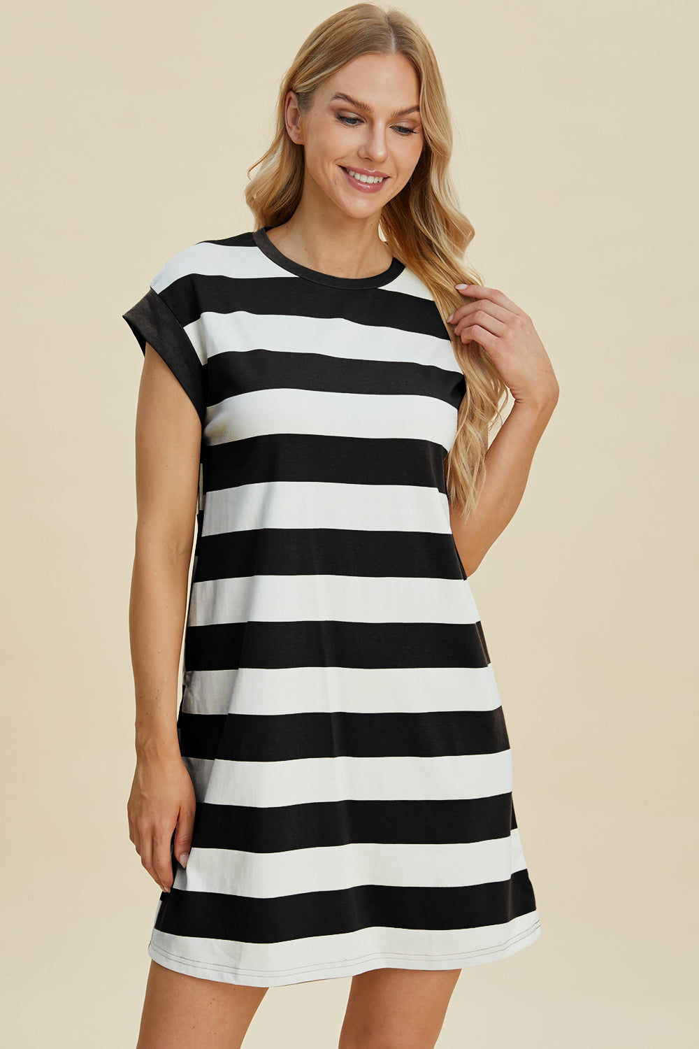 Basic Bae Full Size Striped Round Neck Cap Sleeve Mini Dress *