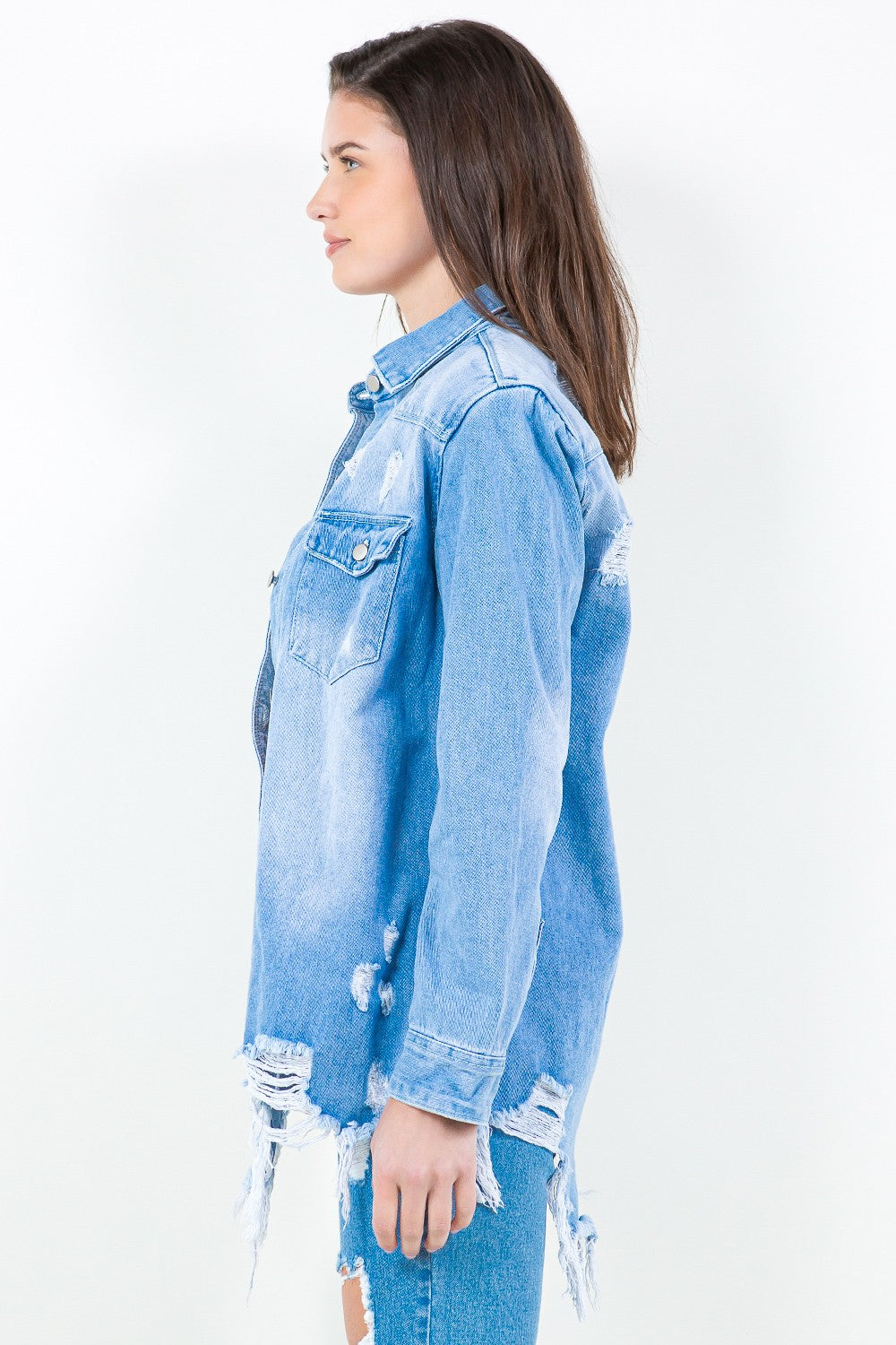 American Bazi Frayed Hem Distressed Denim Shirt Jacket *