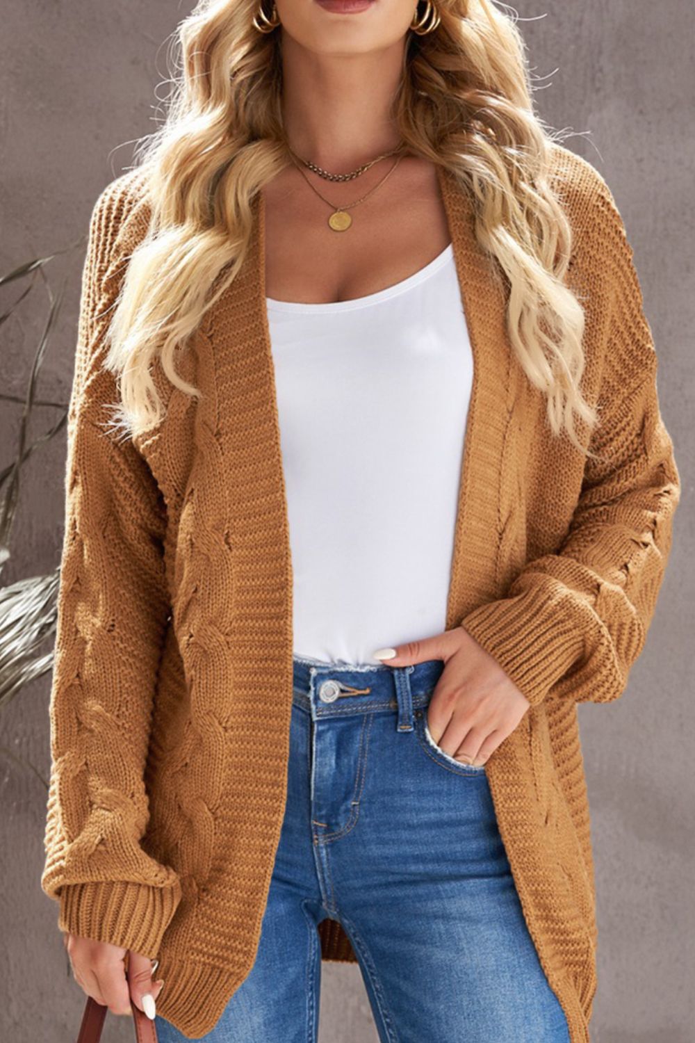 Cable-Knit Open Front Cardigan