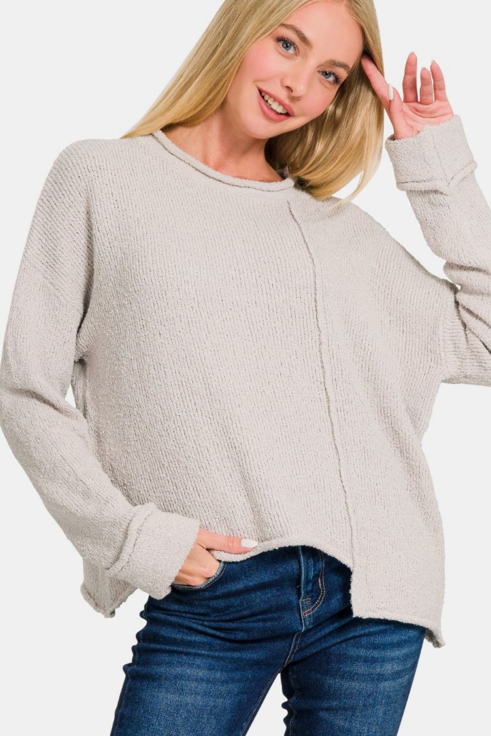 Zenana Asymmetric Hem Drop Shoulder Sweater *