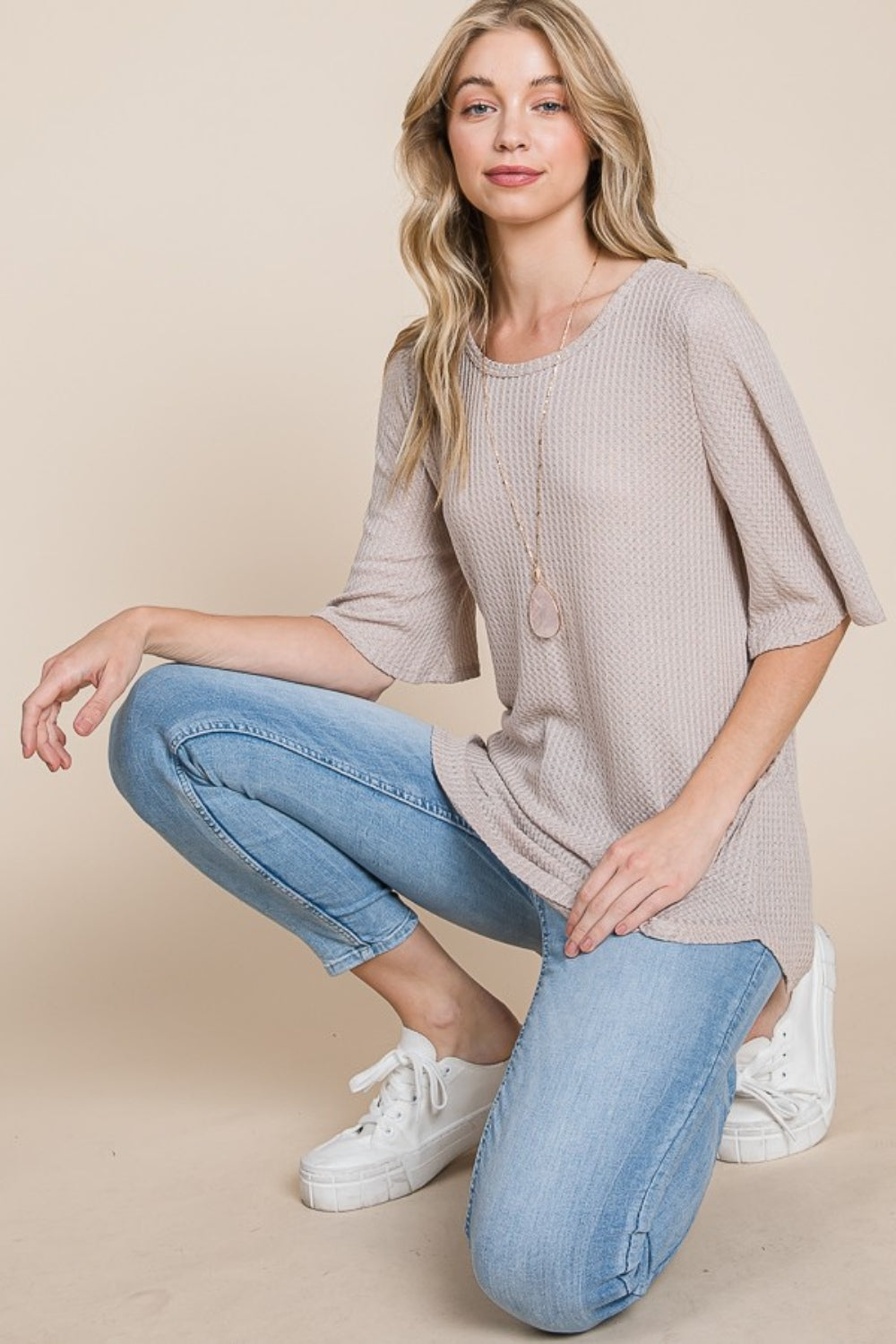 BOMBOM Round Neck Waffle Knit T-Shirt *