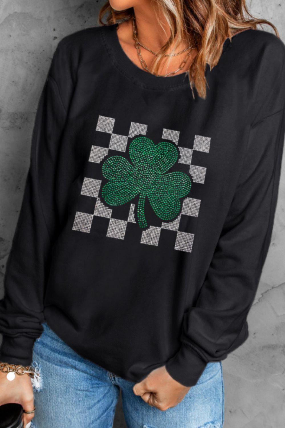 Rhinestone Checkered Lucky Clover Round Neck Sweatshirt