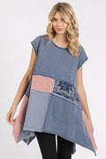 Mittoshop Patchwork Mineral Washed Round Neck Cap Sleeve Top *