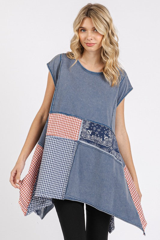 Mittoshop Patchwork Mineral Washed Round Neck Cap Sleeve Top *