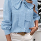 Pocketed Plaid Tie Neck Long Sleeve Shirt
