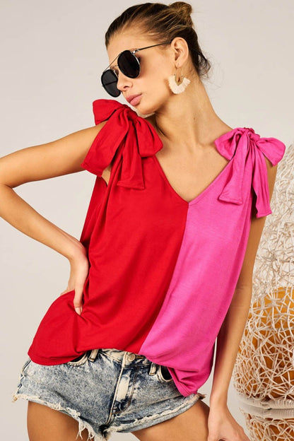 BiBi Shoulder Ribbon Tied Contrast Tank - Brand BiBi