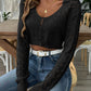 Openwork Collared Neck Long Sleeve Knit Top