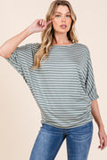 BOMBOM Striped Boat Neck Dolman Sleeve Top *