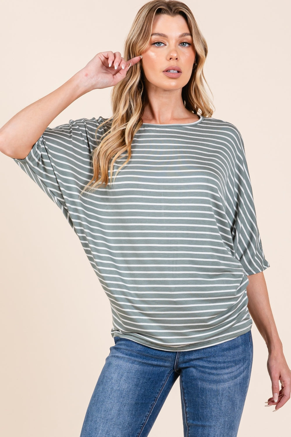 BOMBOM Striped Boat Neck Dolman Sleeve Top *