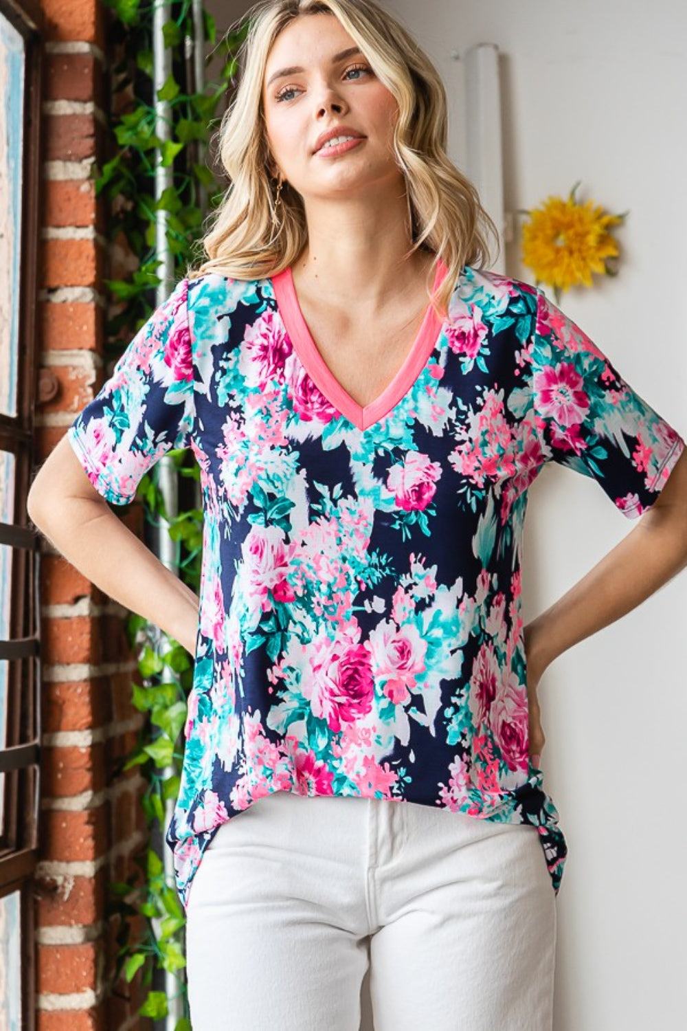 Heimish Full Size Floral V-Neck Short Sleeve T-Shirt *