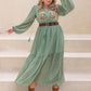 Plus Size Tassel Printed Tie Neck Long Sleeve Midi Dress