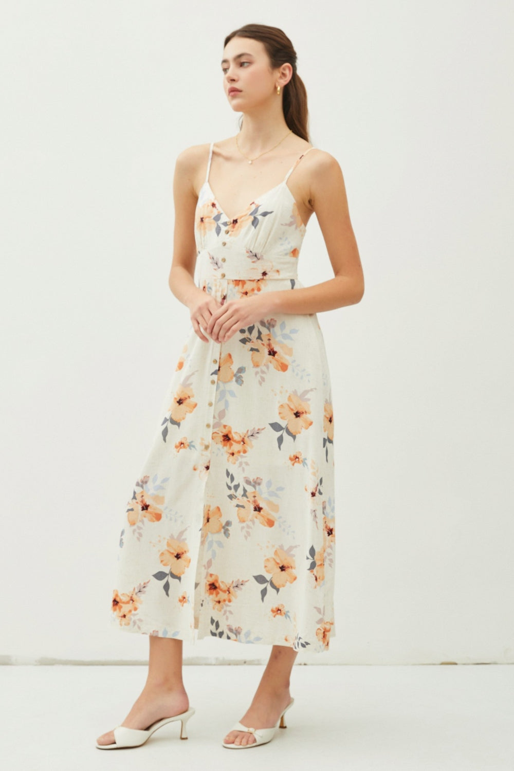 Be Cool Floral Peach Hibiscus Button Down Cami Midi Dress *