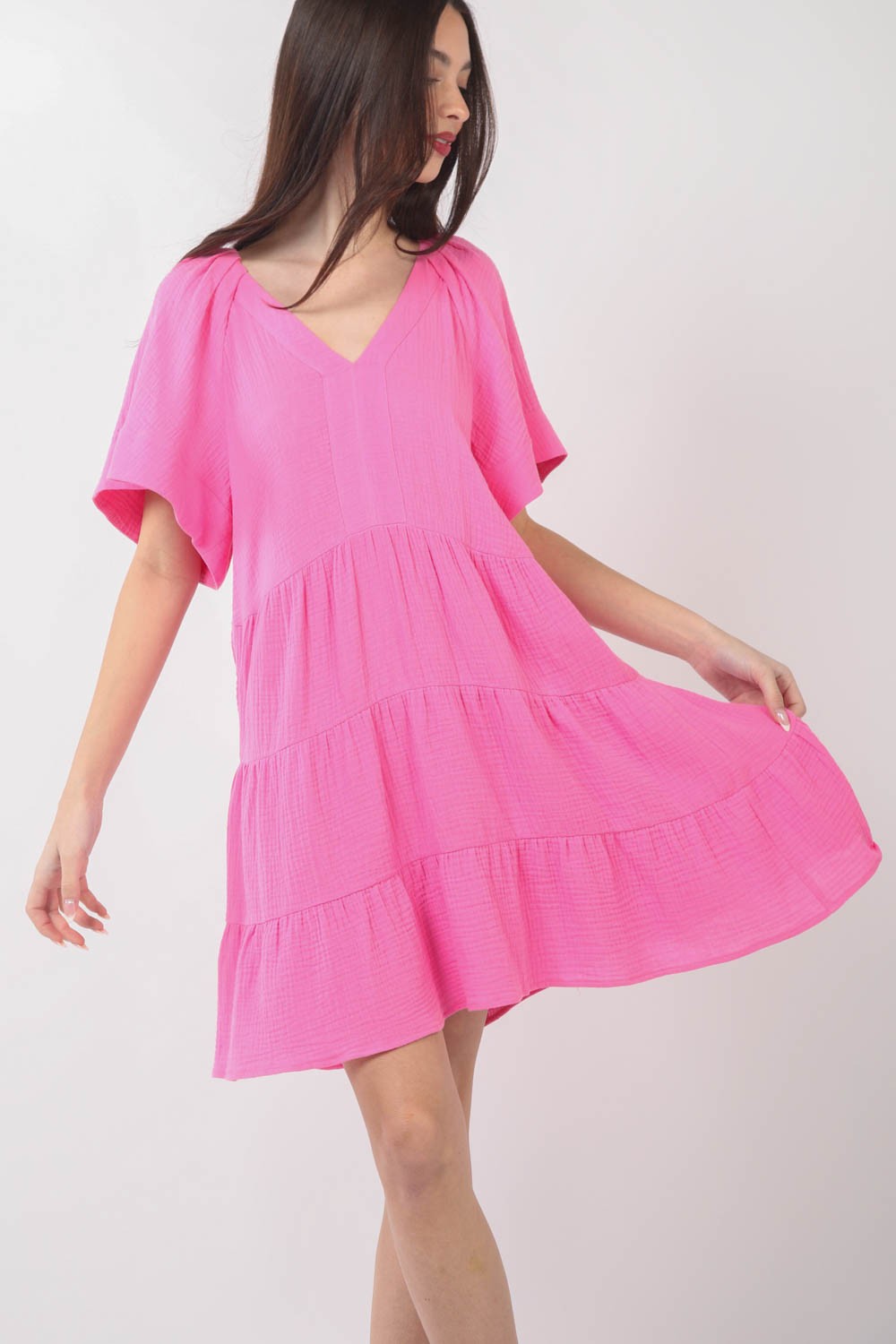 VERY J Texture V-Neck Ruffled Tiered Dress *