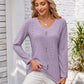 Full Size Decorative Button Openwork V-Neck T-Shirt
