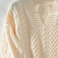 Cable-Knit Notched Long Sleeve Sweater