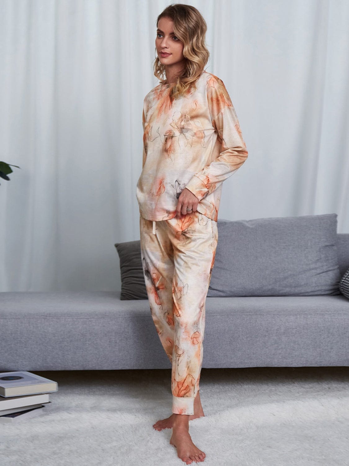 Full Size Tie-Dye Round Neck Top and Pants Lounge Set