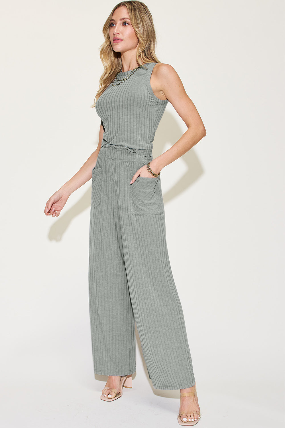 Basic Bae Full Size Ribbed Tank and Wide Leg Pants Set *