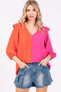 GeeGee Full Size Ruffle Trim Contrast Blouse *