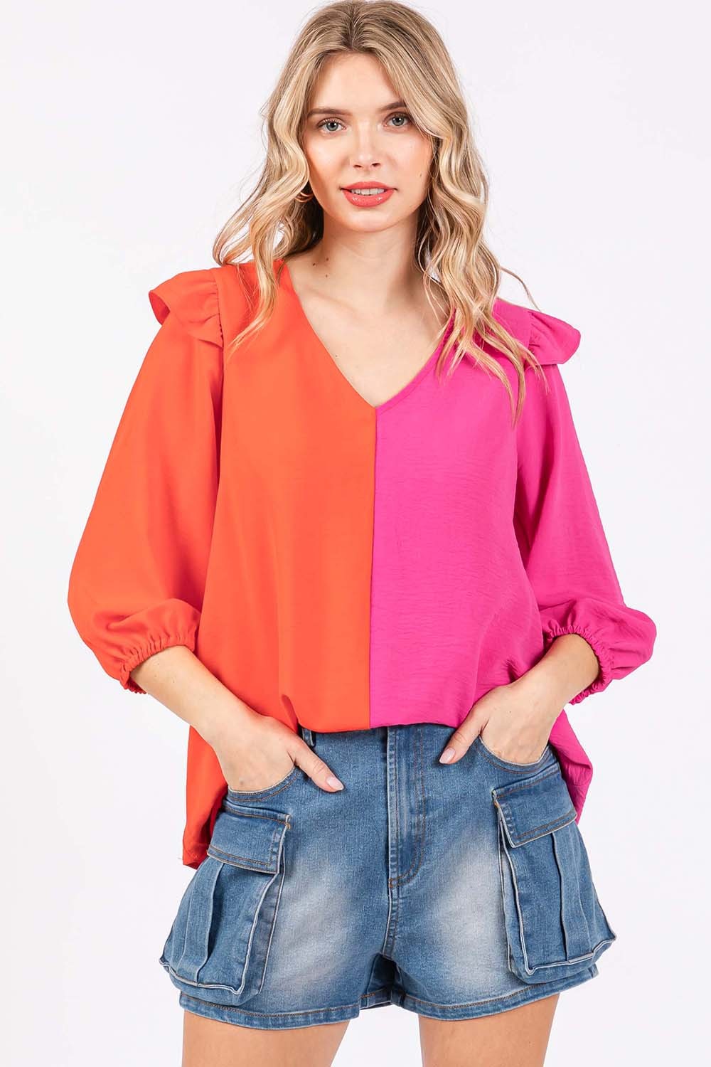 GeeGee Full Size Ruffle Trim Contrast Blouse *