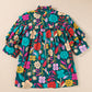 Full Size Printed Tie Neck Half Sleeve Blouse