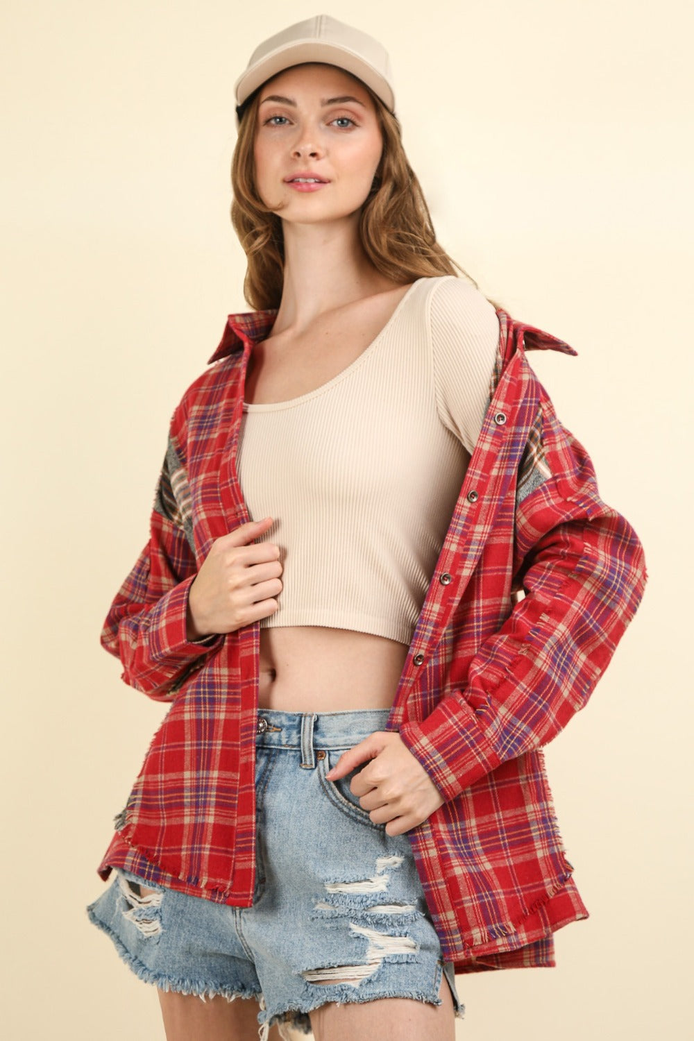VERY J Contrast Plaid Raw Detail Shirt *
