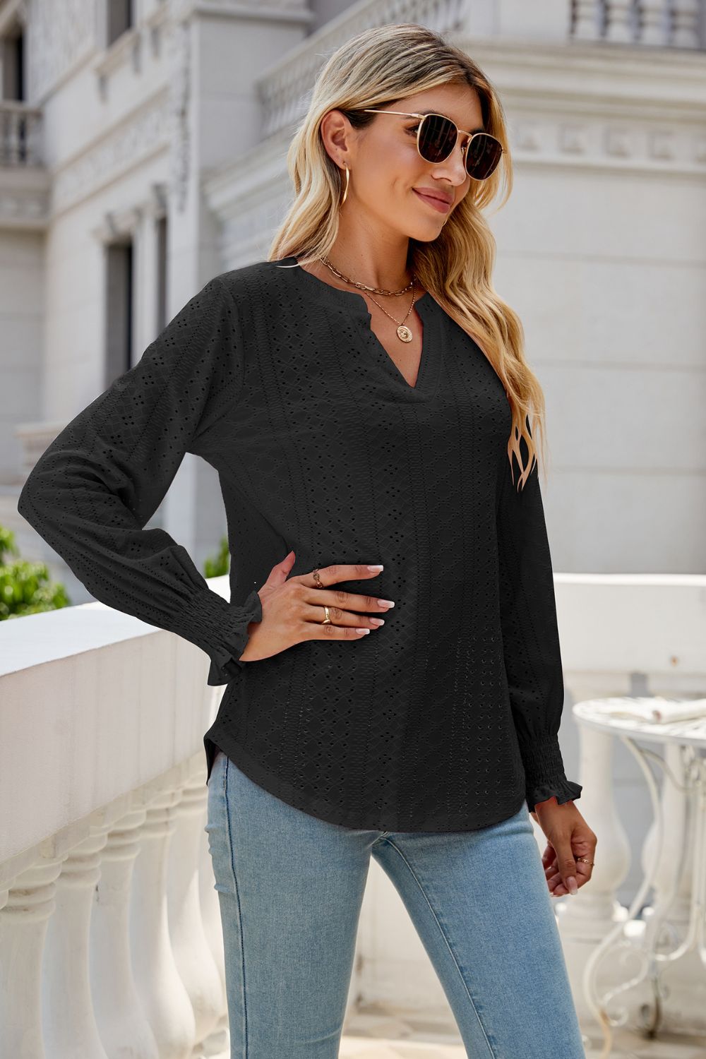 Notched Flounce Sleeve Eyelet Top