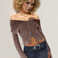 Double Take Ribbed Off-Shoulder Zip Up Long Sleeve Cardigan