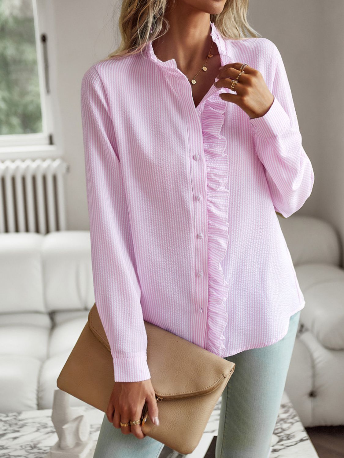 Devine Ruffle Trim Long Sleeve Shirt