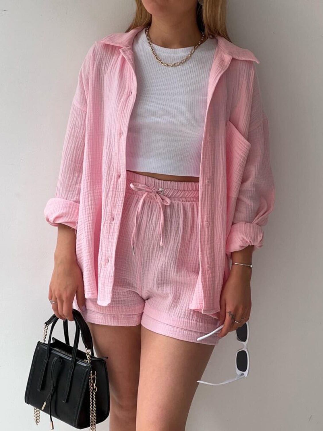 Full Size Texture Button Up Shirt and Drawstring Shorts Set