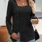 Decorative Button Striped Square Neck Long Sleeve T-Shirt