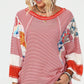 Striped Floral Patchwork Round Neck Top