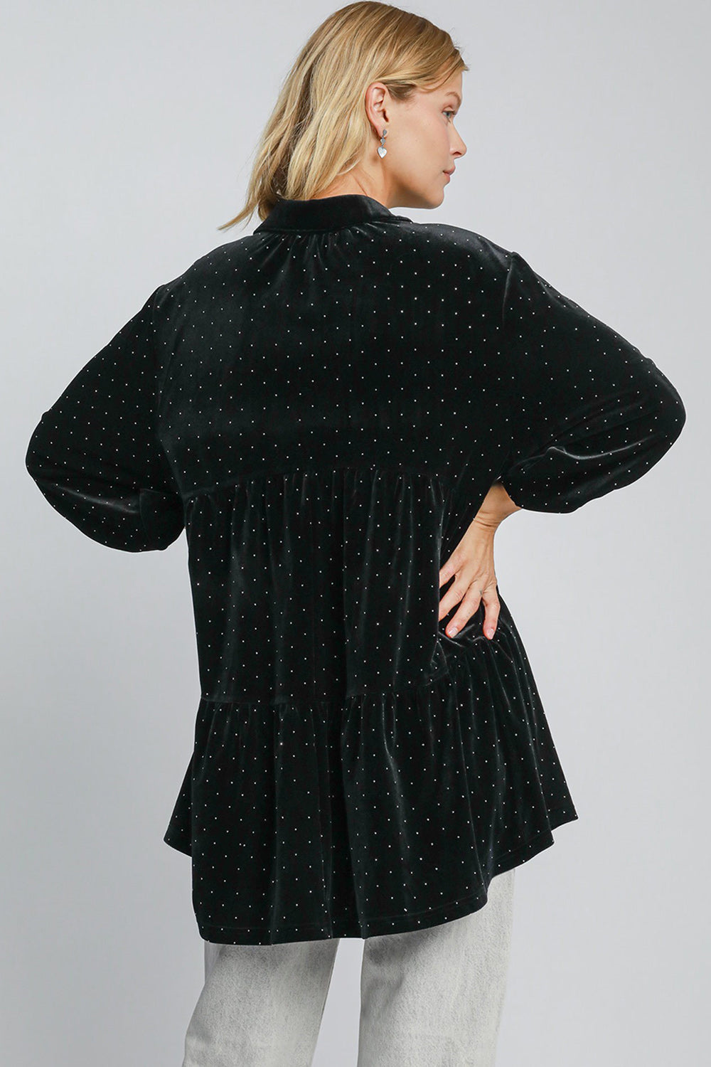 Umgee Full Size Polka Dot Button Up Half Sleeve Shirt *