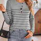 Quarter Button Striped Round Neck Long Sleeve T-Shirt