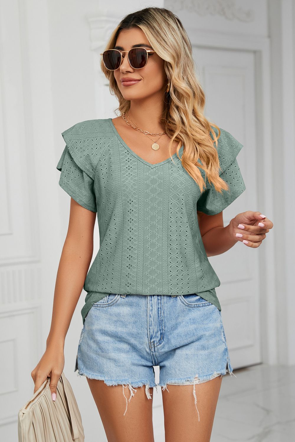 Eyelet Layered Flutter Sleeve V-Neck Knit Top