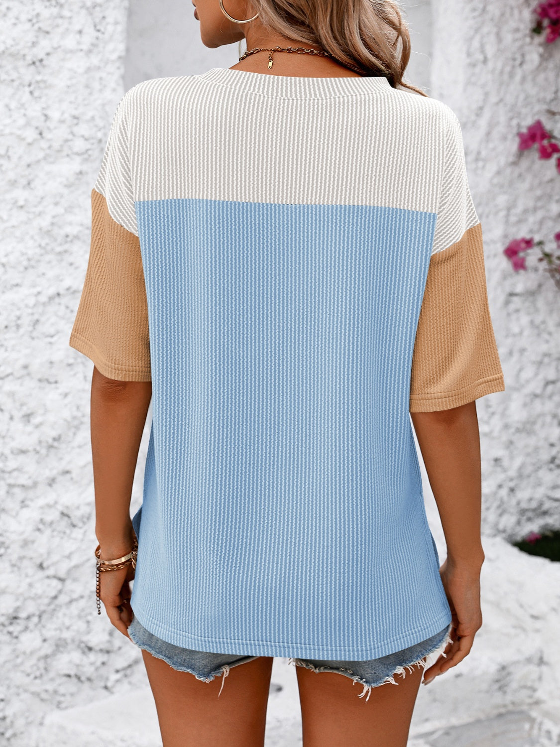 Full Size Color Block Round Neck Half Sleeve T-Shirt