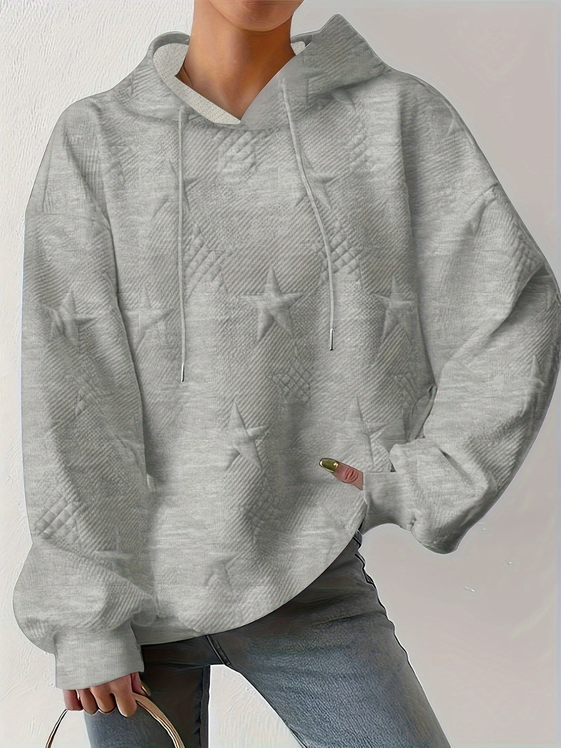 Plus Size Star Texture Long Sleeve Drawstring Hoodie