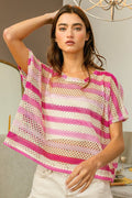 BiBi Striped Openwork Short Sleeve Knit Cover Up - Brand BiBi *