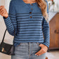 Quarter Button Striped Round Neck Long Sleeve T-Shirt