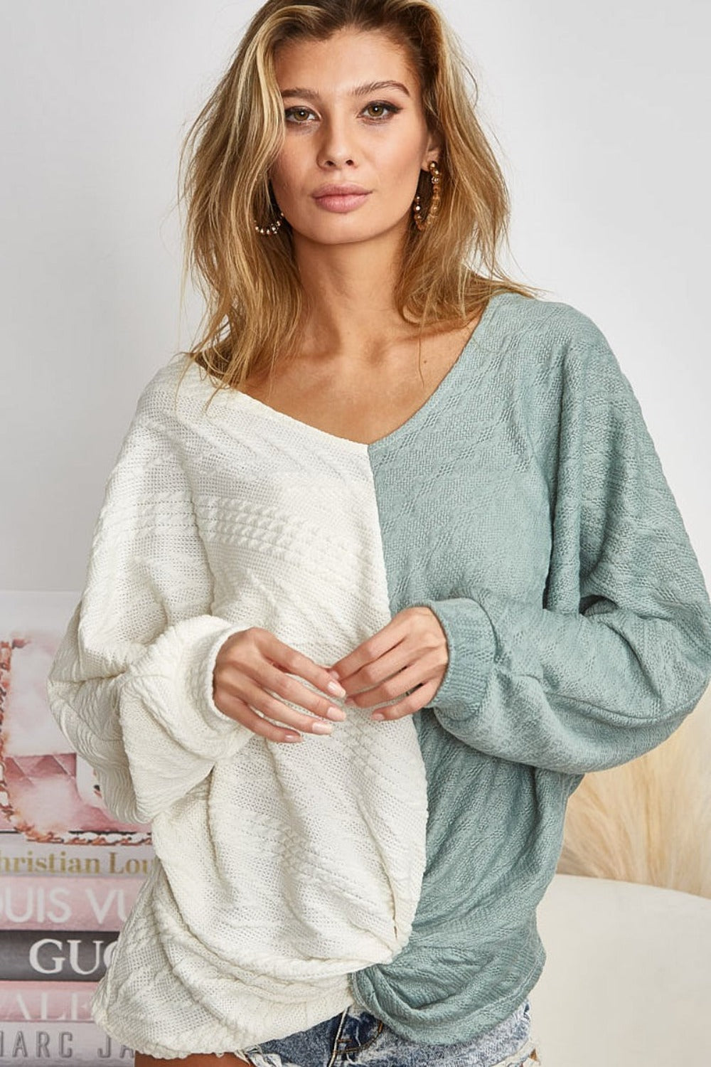 BiBi Twist Front Contrast Cable Knit Top - Brand BiBi