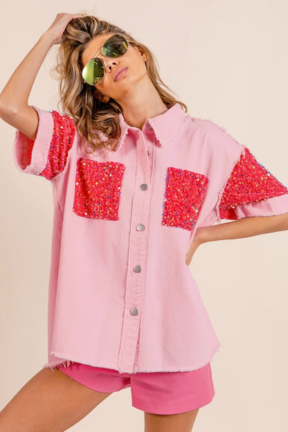 BiBi Sequin Detail Raw Hem Short Sleeve Shirt - Brand BiBi